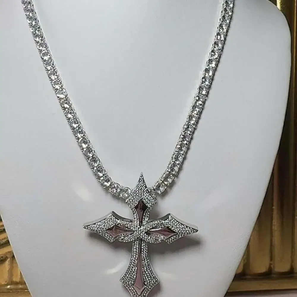 Silver Cross Tennis Necklace 2 D 1 E